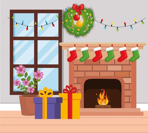 Vector chimney with christmas decoration