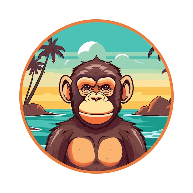 Шимпанзе милый смешной мультфильм Каваи красочный акварель пляж лето животное наклейка иллюстрация