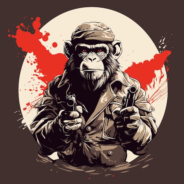 포스터 티셔츠 스티커 등을 위한 벡터 팝 아트 스타일 템플릿의 무기로 군사 위장을 한 침팬지