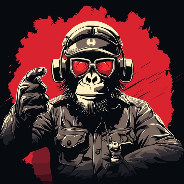 포스터 티셔츠 스티커 등을 위한 벡터 팝 아트 스타일 템플릿의 무기로 군사 위장을 한 침팬지