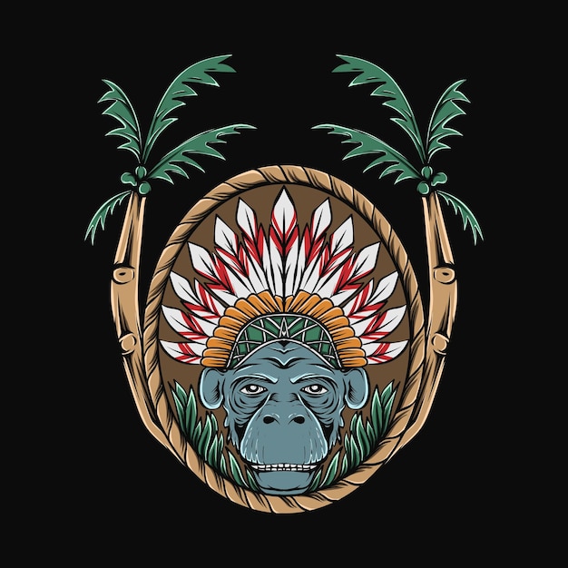 Vector chimpanzee monkey illustration with flower frame and coconut tree on black background