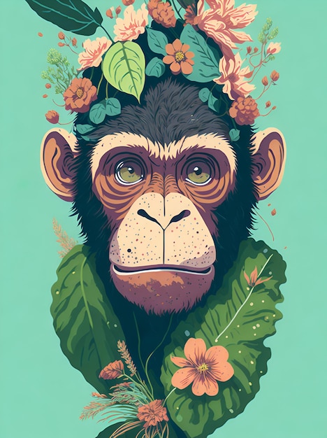 A chimpanzee with a flower crown on his head.