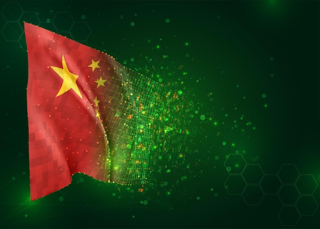 China, 3d flag on green background with polygons