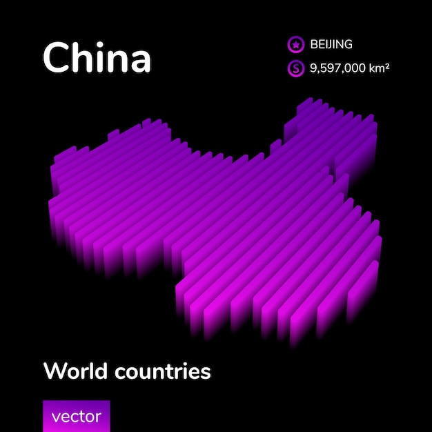 중국 3D 지도 양식화된 줄무늬 벡터 아이소메트릭 네온 중국 지도는 검정색 배경에 보라색과 분홍색으로 되어 있습니다.