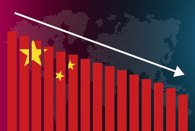 중국 막대 차트 그래프 감소 가치 위기 및 다운그레이드 뉴스 배너 실패 및 감소