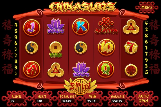 ベクトル 中国のカジノのスロットマシンのゲームとアイコン。完全なインターフェイス中国のスロットマシンとボタン。幸運を表す漢字