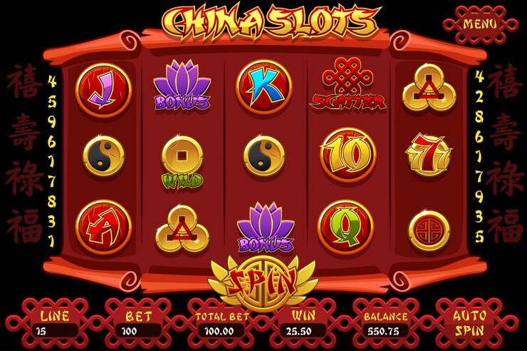 Vector china casino slot machine game and icons.  complete interface chinese slot machine and buttons. chinese characters representing good luck and fortune