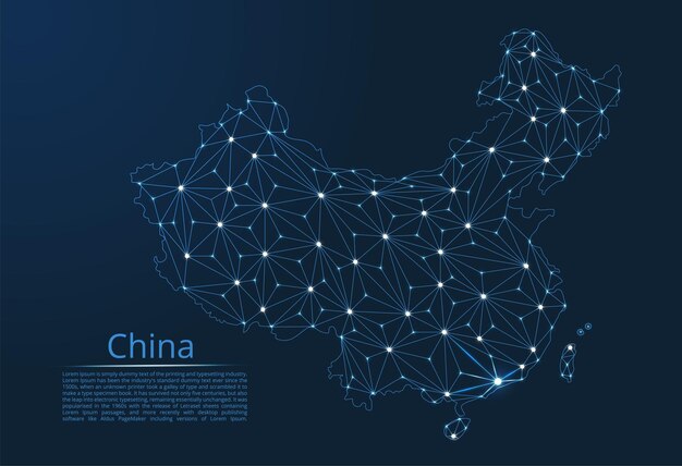 Mappa della rete di comunicazione cina immagine vettoriale low poly di una mappa globale con luci