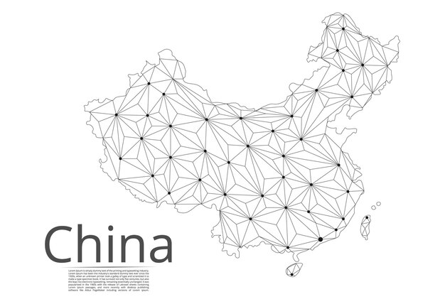 中国の通信ネットワークマップ都市の形でライトが付いている世界地図のベクトル低ポリ画像