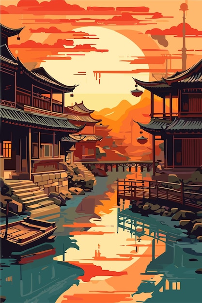 China dorpslandschap in de avond Vector platte illustratie