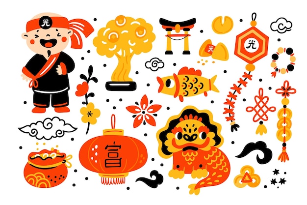 China elementen Schattig reizen Aziatische symbolen Cartoon traditionele oosterse talismannen Lucky mascottes Rode lantaarn en draak Geldboom Welvaart amuletten Voorspelling cookies Opzichtig vector Chinees set