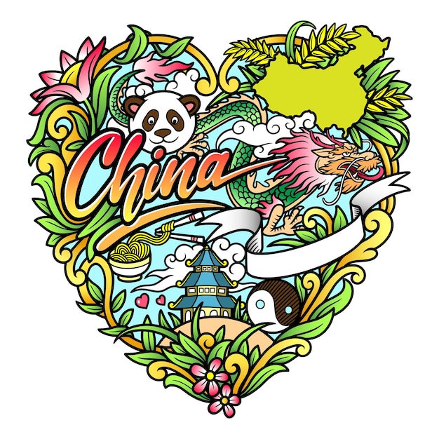 China elements colorful doodle illustration with floral ornament decoration