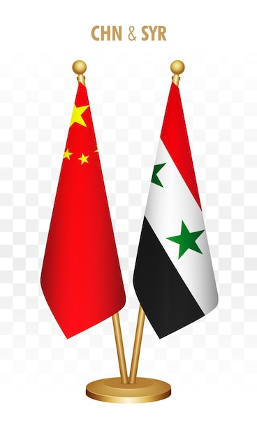 China en Syrië staande vlaggen geïsoleerd op wit Chinese bureauvlag