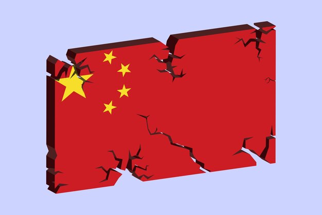 China flag on 3D cracked wall vector fracture pattern with cracked texture issues concept