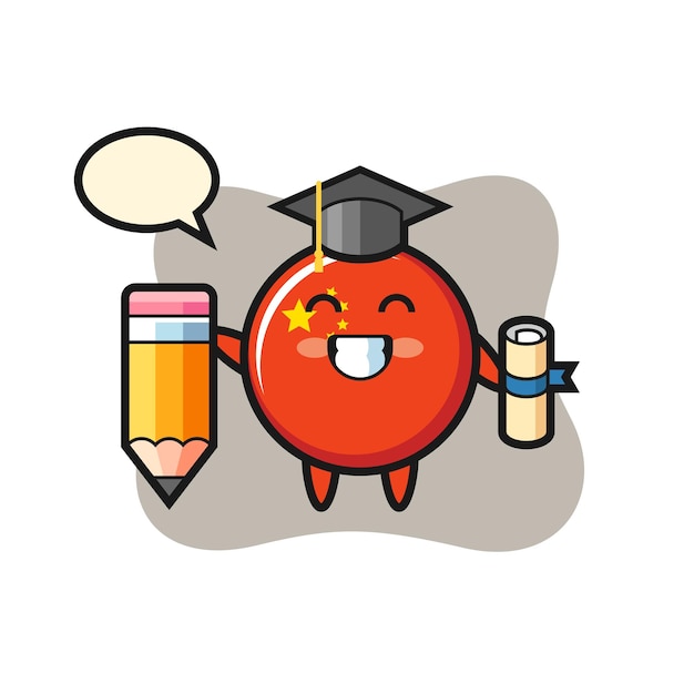 China flag badge illustration cartoon is graduation with a giant pencil