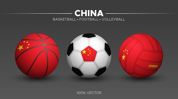 中国旗バスケットボールサッカーバレーボールボールモックアップ3dベクトルスポーツイラスト分離