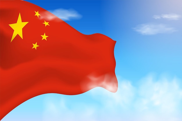 China flag in the clouds. Vector flag waving in the sky. National day realistic flag illustration.