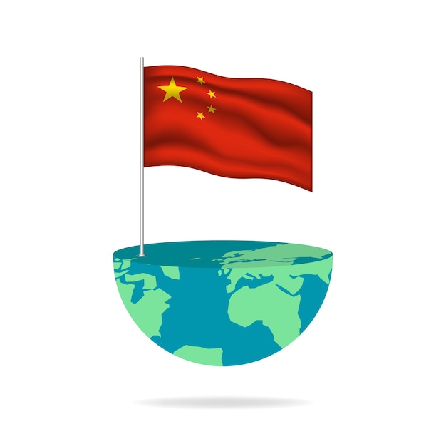 China flag pole on globe. Flag waving around the world. Easy editing and vector in groups.