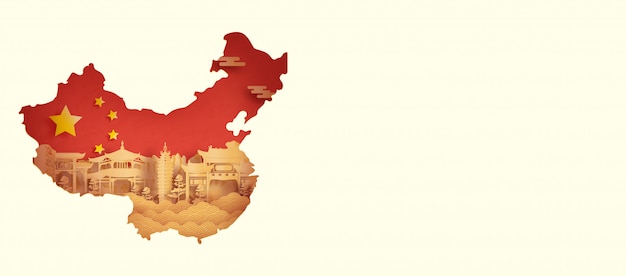 China flag with kunming, china in paper cut style vector illustration