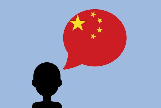 China flag with speech balloon silhouette man with country flag learning Chinese language