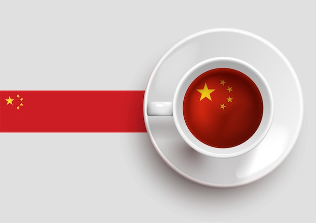 上面図においしいコーヒーカップと中国の旗