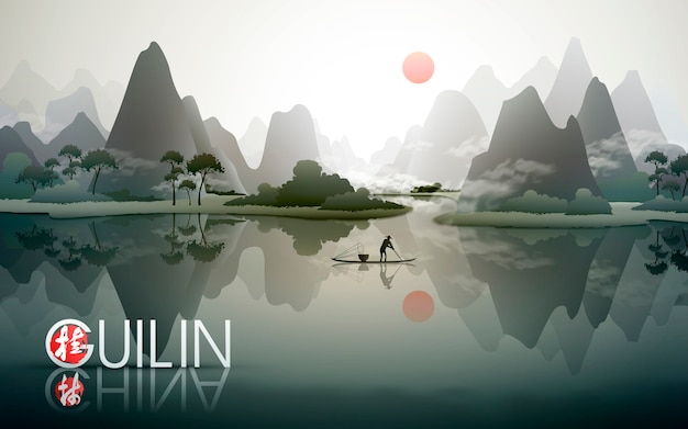 Vector china guilin reisposter met natuurschoon