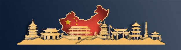China kaart met wereldberoemde bezienswaardigheden in papier knippen stijl illustratie