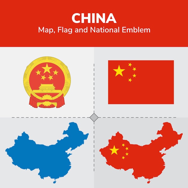 China kaart, vlag en nationale embleem