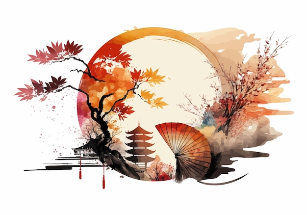 China kleurrijke aquarel illustratie Gemaakt op basis van AI Generation Vector schets reizen wereld zen Azië toerisme silhouet landschap zwart cultuur natuur conceptvector illustratie
