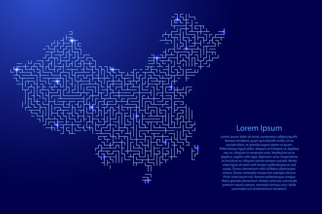 Mappa della cina dal modello blu della griglia del labirinto e della griglia delle stelle luminose dello spazio.