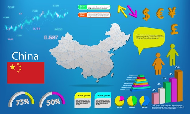 중국 지도 정보 그래픽 차트 기호 요소 및 아이콘 모음 고품질 비즈니스 infographic 요소가 있는 상세한 중국 지도