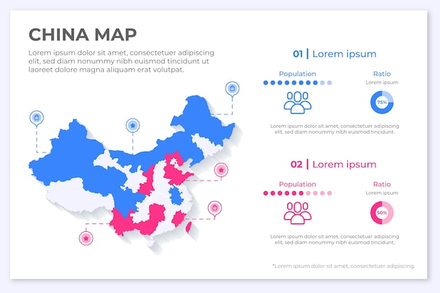 フラットなデザインの中国の地図のインフォグラフィック