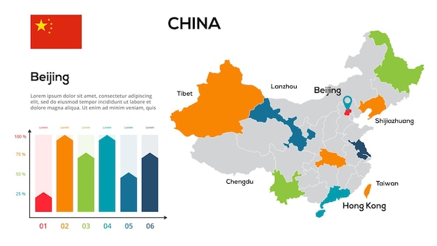 中国の地図中国の地域の地域の形でグローバルマップのベクトル画像国の旗インフォグラフィックのタイムライン編集しやすい