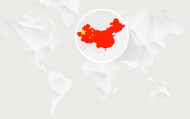 China map with flag in contour on white polygonal World Map