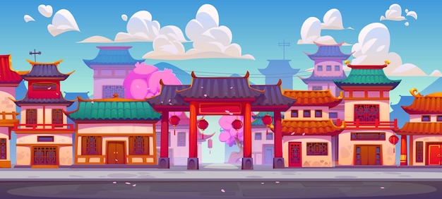 チャイナ・タウン・ランドスケープ (Chinese Town Landscape Cartoon Vector Street) は中国の街を描いたアニメのベクトルです