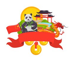 Вектор Китай традиционный дизайн баннера панда и пагода векторная иллюстрация китайская азиатская культура восток древний символ плоский фон