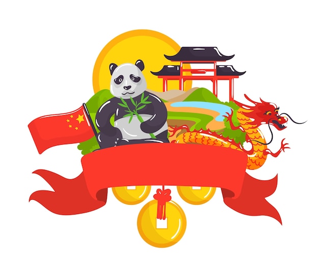 China traditional banner design panda and pagoda vector illustration chinese asia culture east ancient symbol flat background