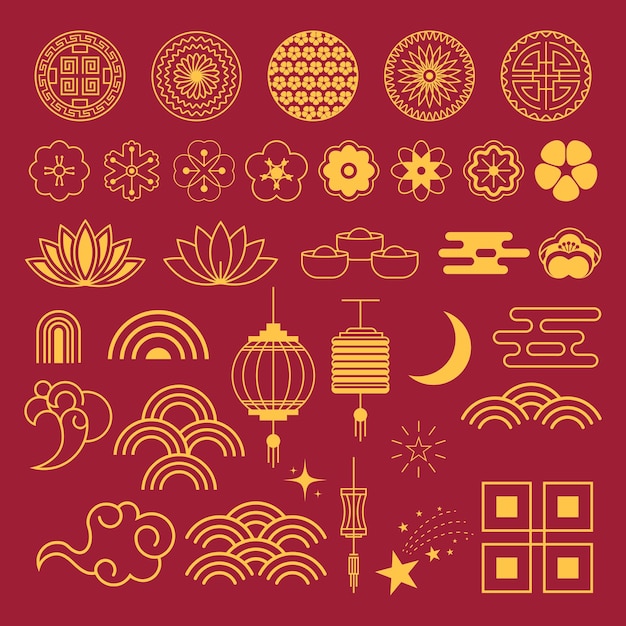 China Traditional Icons Chinees New Year Celebration Symbol Set