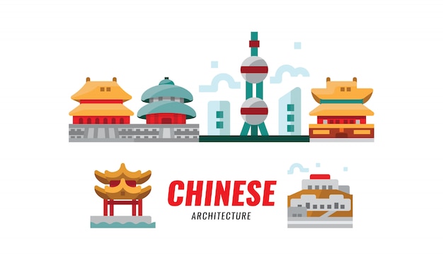Китайское путешествие. китайская традиционная архитектура, строительство и культура. векторная иллюстрация
