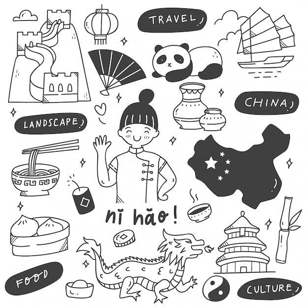 Insieme di doodle della destinazione di viaggio della cina