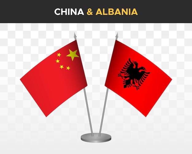 China vs Albanië Bureau vlaggen mockup geïsoleerde 3d vector illustratie chinese tafel vlaggen