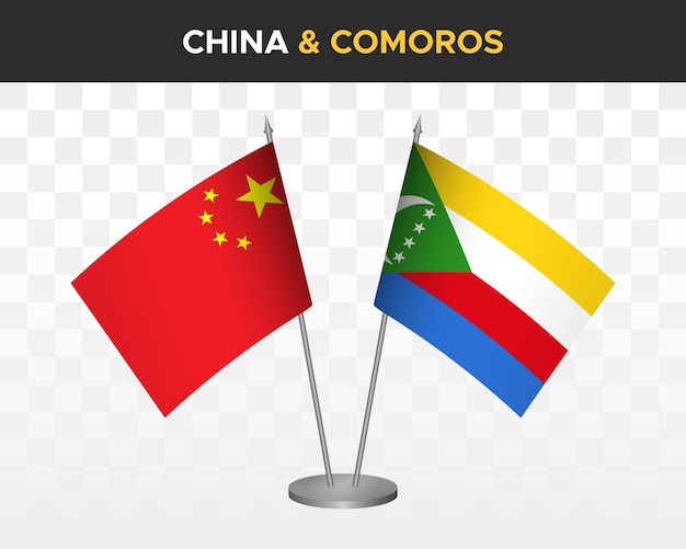 China vs comoros desk flags mockup isolated 3d vector illustration chinese table flags