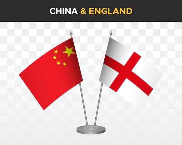 China vs england desk flags mockup isolated 3d vector illustration chinese table flags