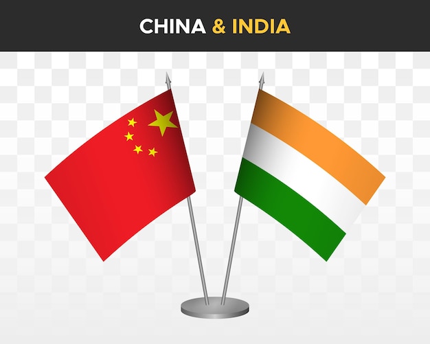 China vs India Bureau vlaggen mockup geïsoleerde 3d vector illustratie chinese tafel vlaggen