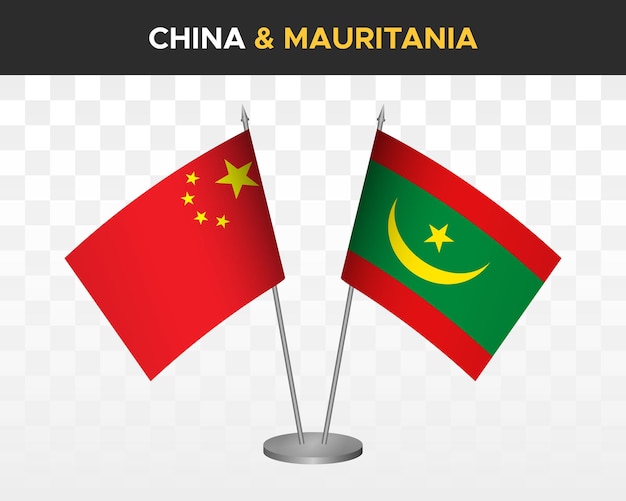 China vs mauritania desk flags mockup isolated 3d vector illustration chinese table flags