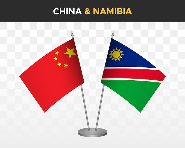 Cina vs namibia bandiere da scrivania mockup isolato 3d illustrazione vettoriale bandiere da tavolo cinesi