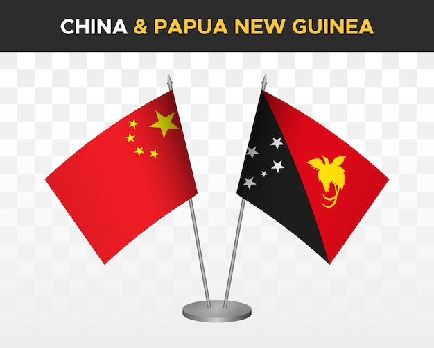 China vs papua new guinea desk flags mockup isolated 3d vector illustration chinese table flags