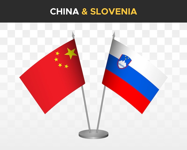 Cina vs slovenia bandiere da scrivania mockup isolato 3d illustrazione vettoriale bandiere da tavolo cinesi