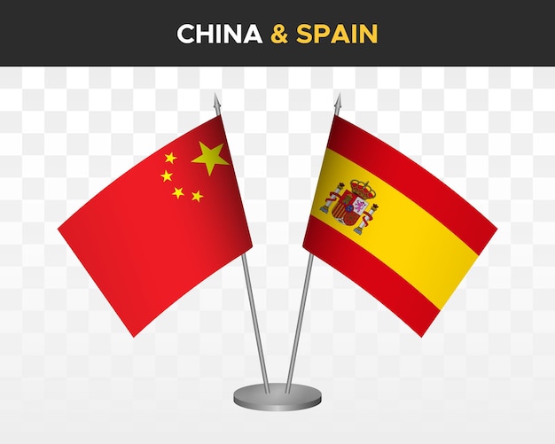 China vs spain desk flags mockup isolated 3d vector illustration chinese table flags