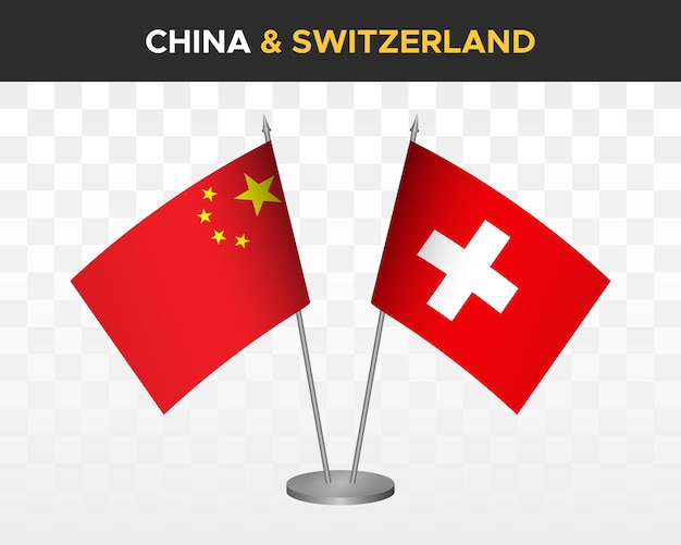 Cina vs svizzera bandiere da scrivania mockup isolato illustrazione vettoriale 3d bandiere da tavolo cinesi